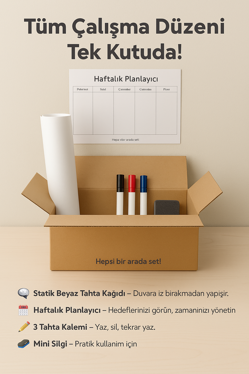 Öğrenciler için Sınav Çalışma Seti – Beyaz Tahta Film + Kalem ve Silgi