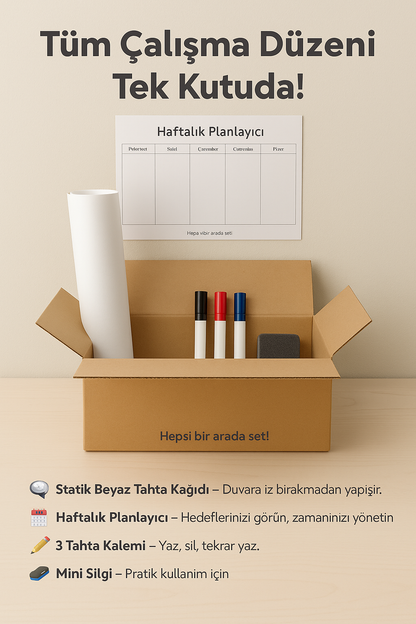 Öğrenciler için Sınav Çalışma Seti – Beyaz Tahta Film + Kalem ve Silgi
